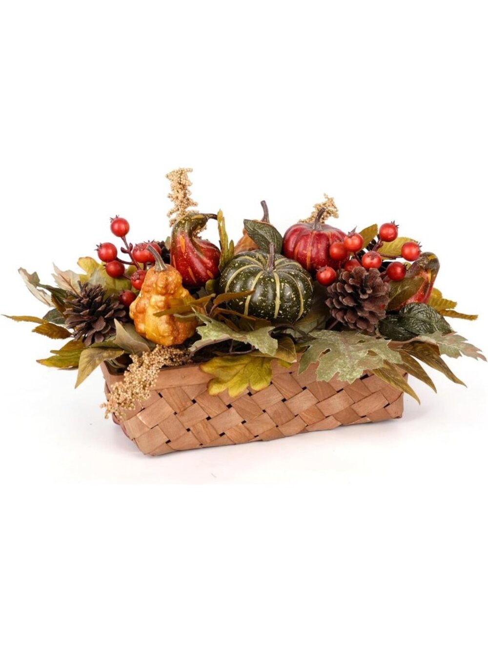 Autumn Decor - Faux Pumpkins, Pine Cones & Maple Leaves in Woven Basket